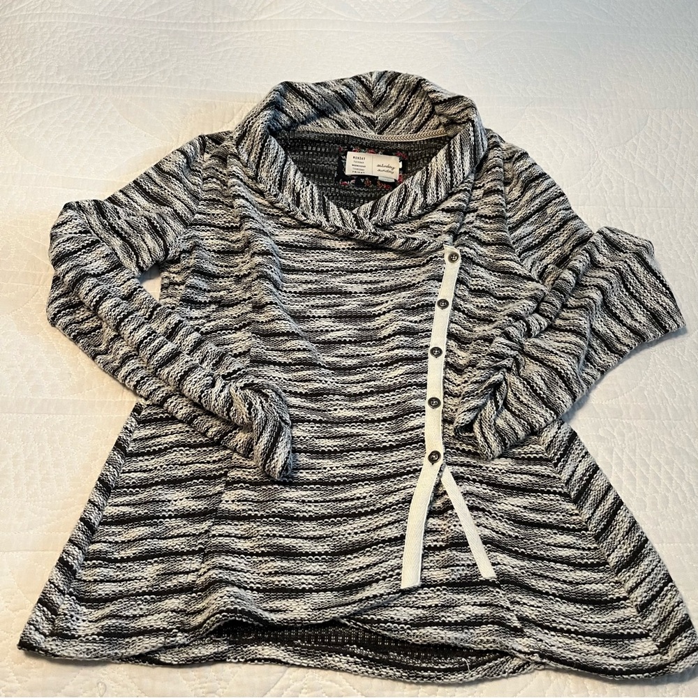ANTHROPOLOGIE Marled Black/Grey/White Asymmetrical Closure/Cowl Neck Sweater.